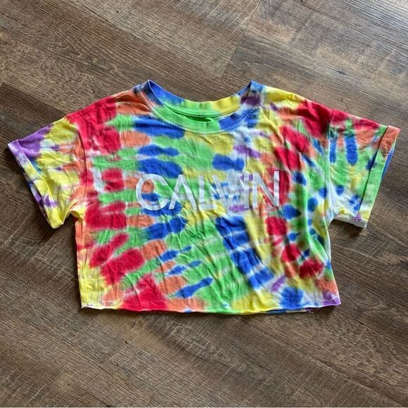 Calvin Klein Rainbow Crop Top Tie Dye Athleisure XS Oversized - Picture 3 of 12